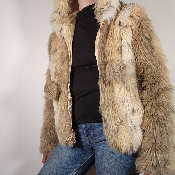 Vintage 90s Nine West Faux Fur Hooded Jacket Brown Spotted Y2K Mob Wife Glam M - Picture 2 of 10
